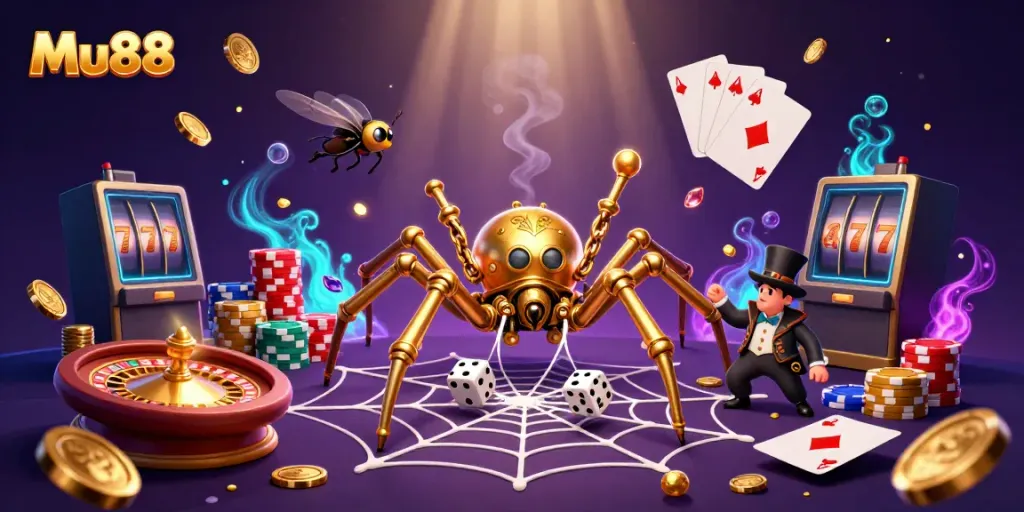 Experience captivating Mu88 fun with a golden steampunk spider in a vibrant casino world.