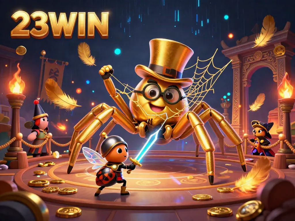 Experience thrilling adventures at 23WIN with a giant golden tarantula and beetle knight in a captivating casino scene.