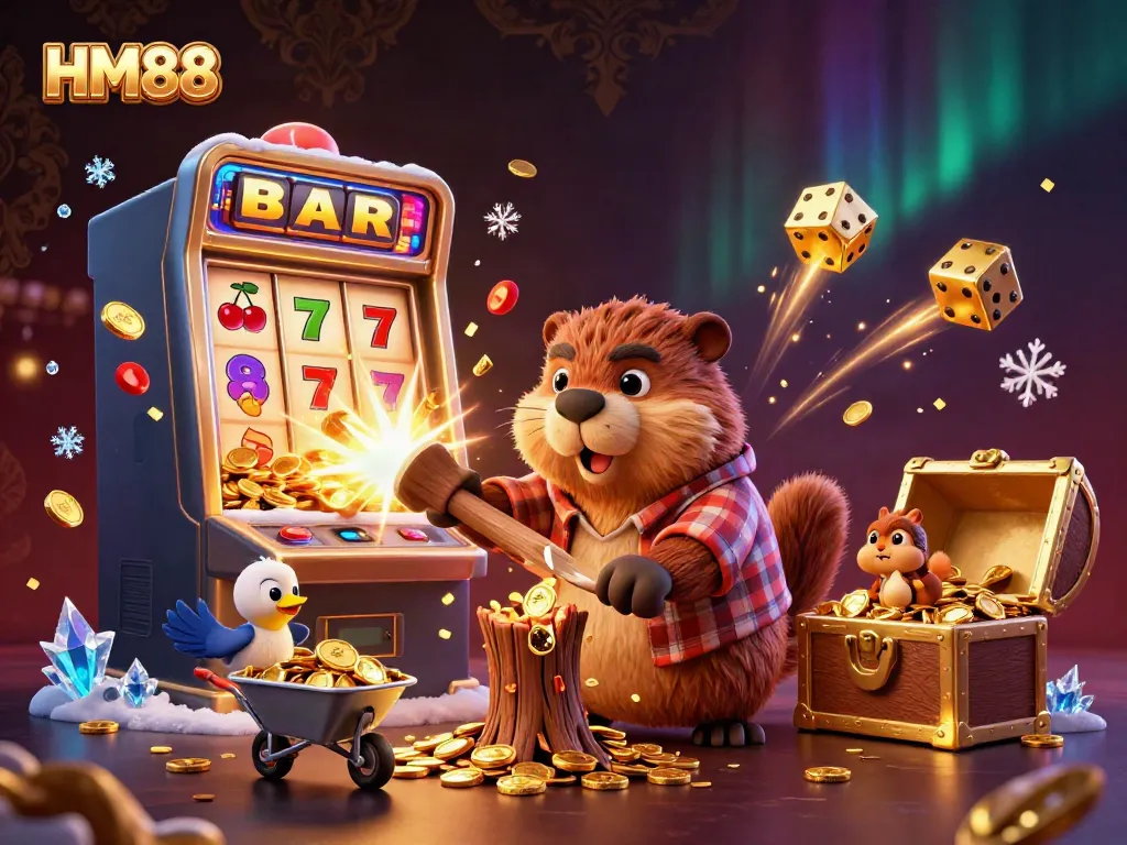 HM88 beaver mascot collects coins in an exciting casino-themed illustration.