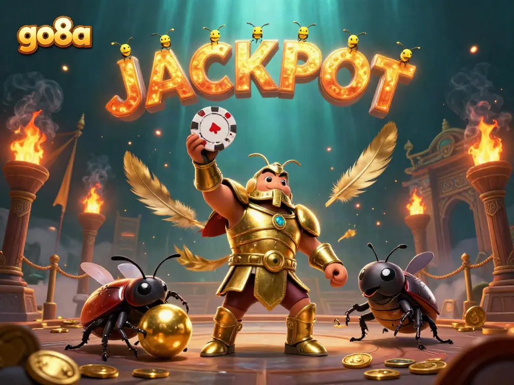 Go8a casino illustration showcasing a victorious beetle in armor lifting a poker chip with dynamic elements.