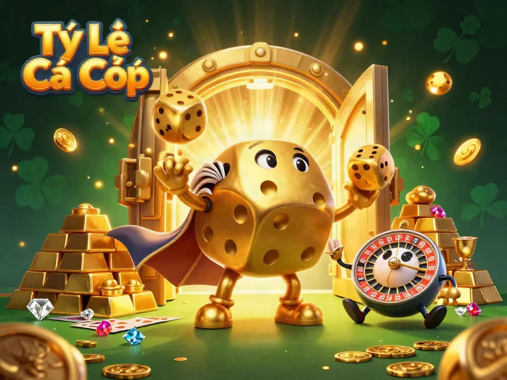 Engage with Tỷ Lệ Cá Cược through a lively 3D scene showcasing a golden dice golem and treasures.