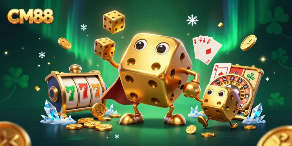 Experience thrilling moments with CM88 as golden dice and casino elements collide in vibrant animation.