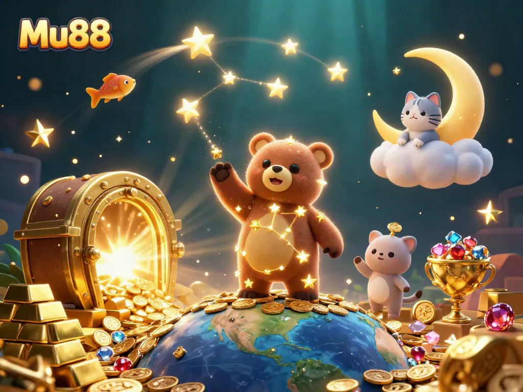 Experience Mu88 as the constellation bear gathers coins in a vibrant online casino scene.