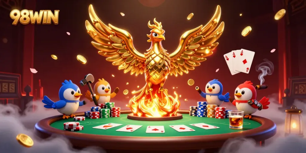 Experience the exhilarating 98WIN casino ambiance with a majestic phoenix and vibrant poker elements.