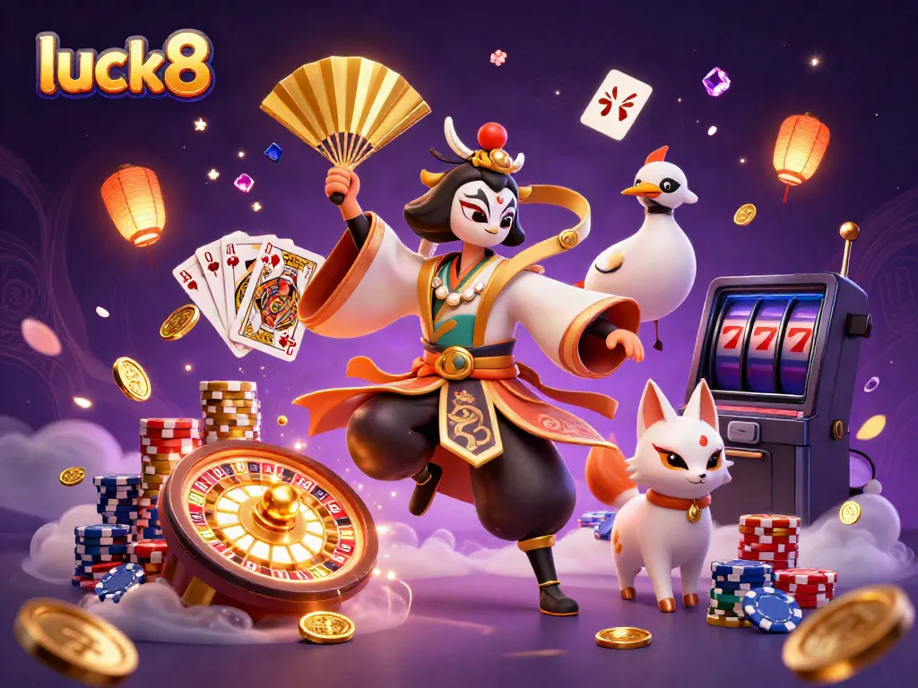 Experience the vibrant world of luck8 with dynamic casino elements featuring golden coins, poker chips, and enchanting characters.