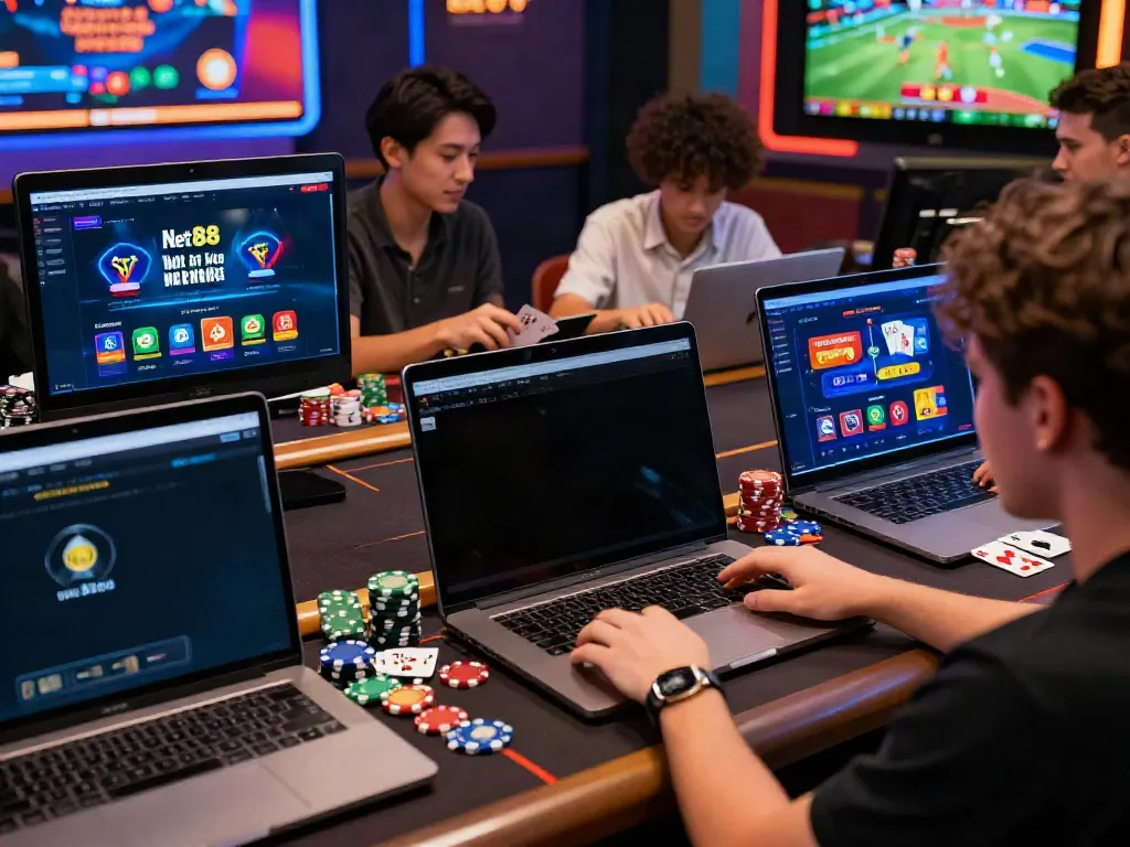 Players engaging in Net88 online gaming with vibrant interactive screens and casino elements.