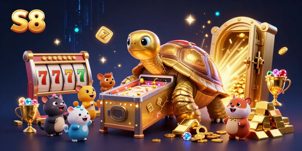 Engage in exciting S8 slot games with a golden tortoise pinball machine and joyful creatures.