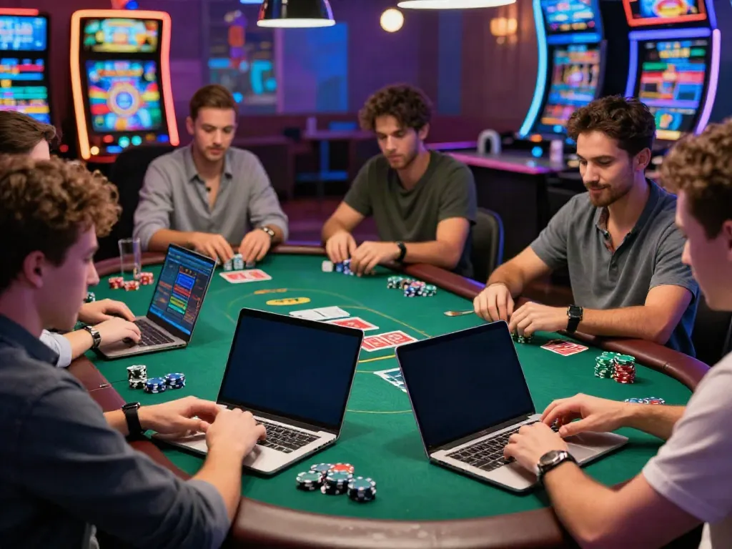 Exciting online casino environment with players enjoying casino bonus sans depot offers on laptops and smartphones.
