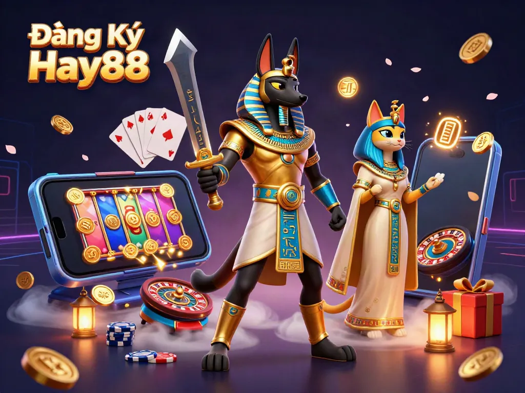 Join the excitement of Đăng Ký Hay88 with vibrant casino elements and characters, enhancing your gaming experience.