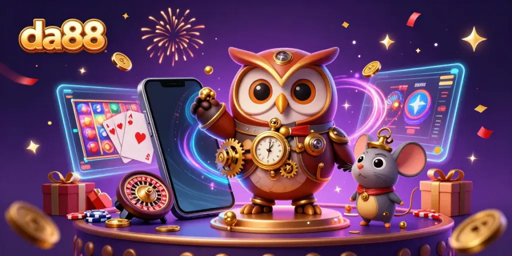 Experience the excitement of da88 in a vibrant 3D casino world with an owl, slots, and festive elements.