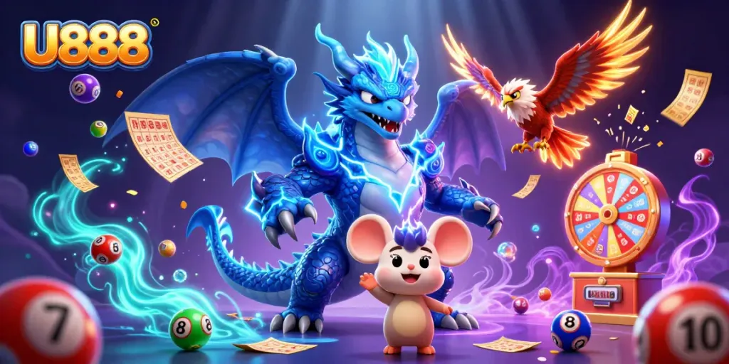 Experience thrilling wins with U888's vibrant games and striking 3D characters in a dynamic casino scene.