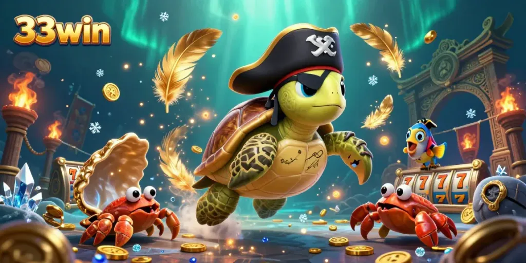 Spin the winning reels with 33win's cartoon pirate turtle in a vibrant underwater scene.