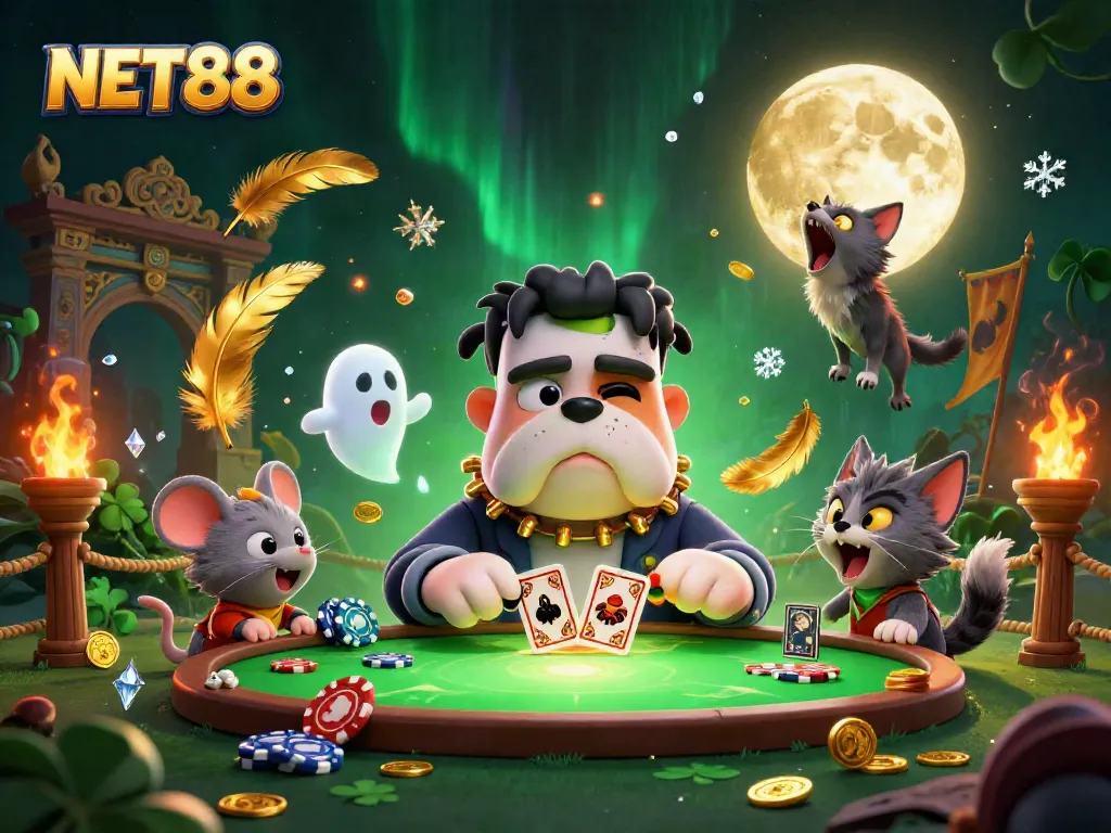 Engage in thrilling gameplay with NET88 at a spooky casino table featuring unique characters.