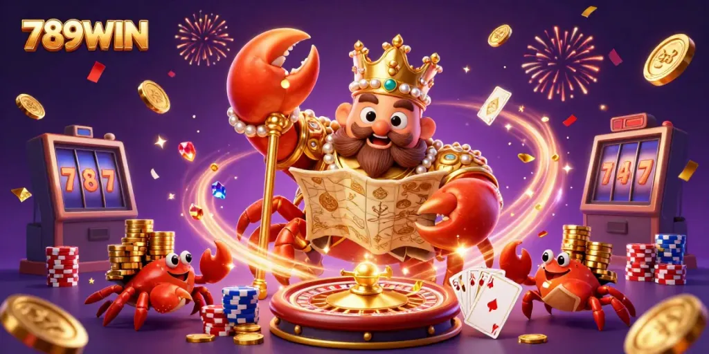 Experience the excitement of 789WIN with a golden crab emperor amidst casino elements bursting with winnings.