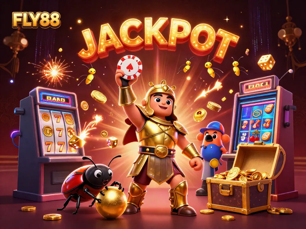 FLY88 enchants gamblers with a celebratory scene featuring a victorious beetle and vibrant casino elements.
