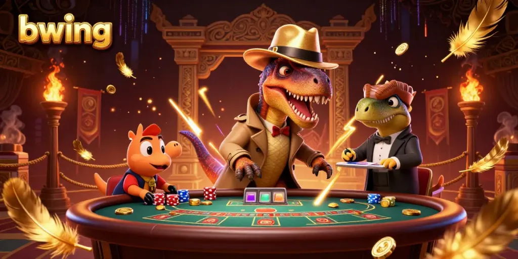 Experience gambling action with bwing-themed 3D velociraptor and lively casino setting.