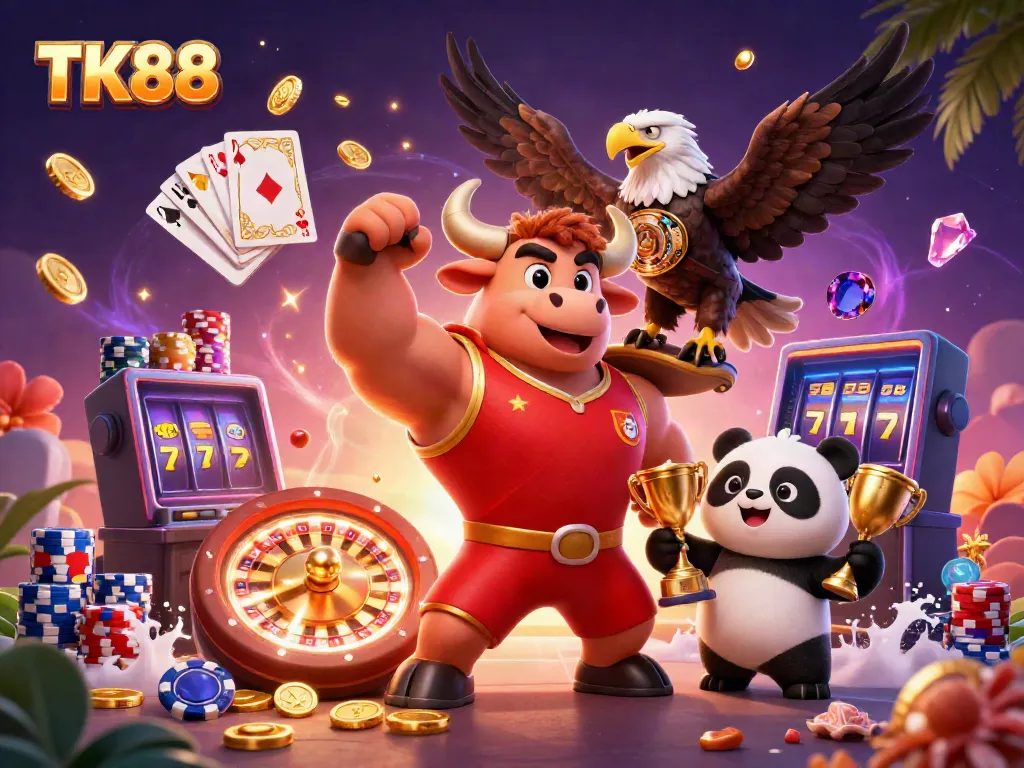 Experience thrilling wins with TK88 featuring a vibrant 3D casino scene of victory.