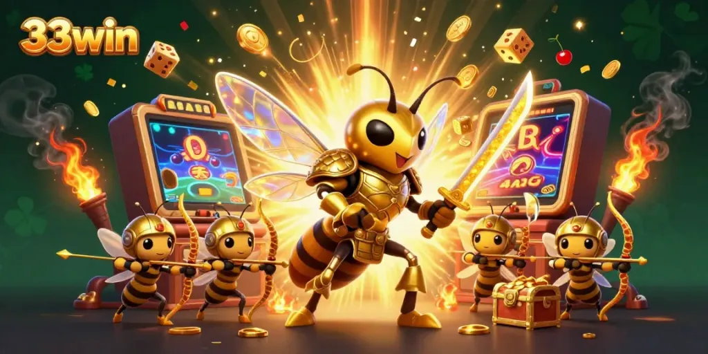 Experience the thrilling world of 33win through a vibrant casino scene with a hornet and bee archers.