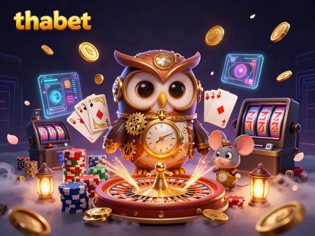 Experience thrilling gaming action at thabet with a dynamic 3D casino scene of rolling chips and cards.