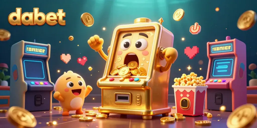 Dabet's golden slot machine wins a jackpot, surrounded by cheering baby slots and arcade games.