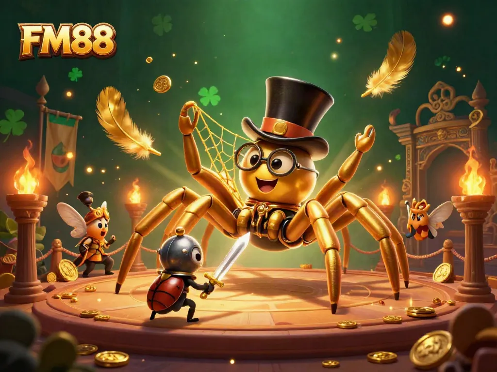 Engage with FM88's thrilling casino scene featuring a golden tarantula, beetle knight, and vibrant game elements.