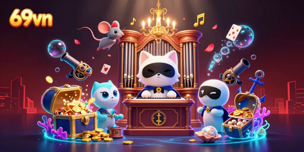 Experience vibrant gaming at 69vn with a lively casino scene featuring a cat and mouse in dynamic action.
