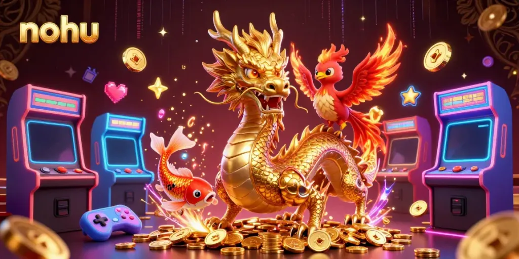 Nohu offers thrilling games with a golden dragon, phoenix, and koi fish in action.
