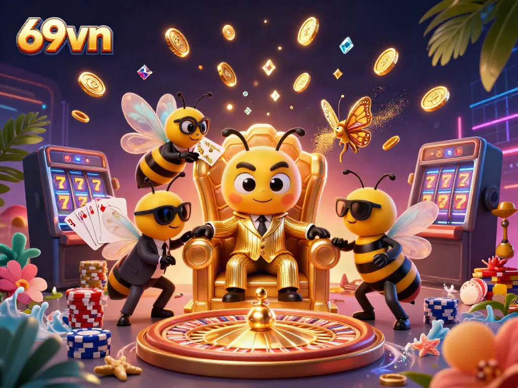 Engage with 69vn's vibrant casino scene featuring a bumblebee boss and shimmering gems.