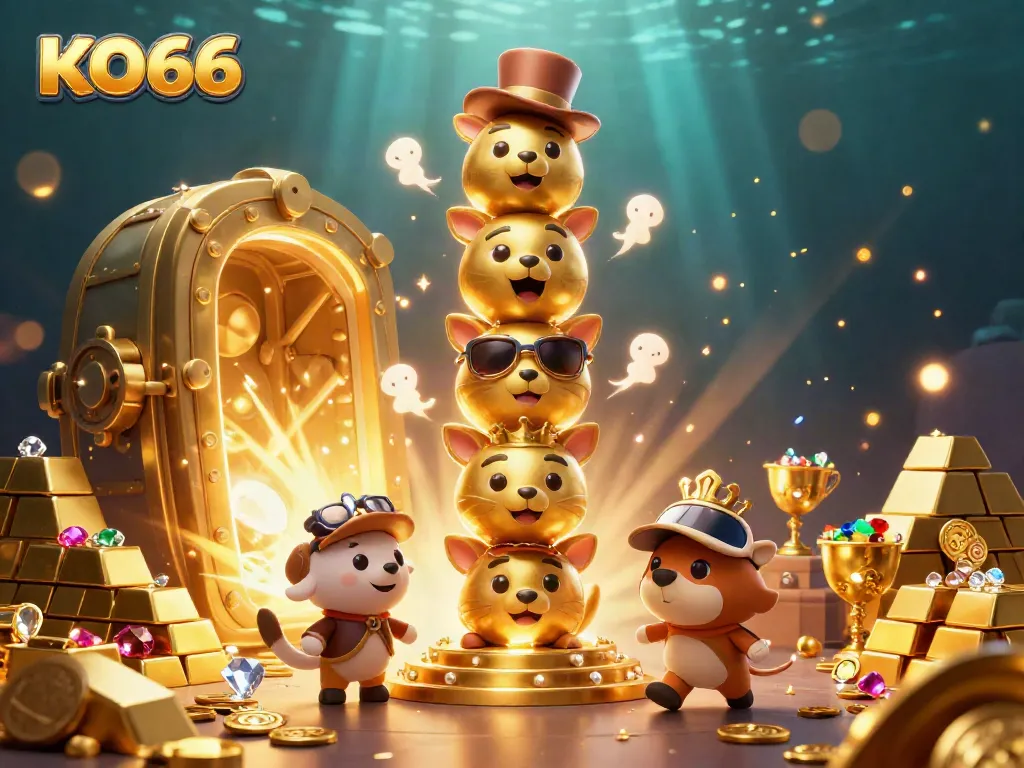 Engage with KO66's vibrant casino world through a colorful 3D illustration brimming with treasure.