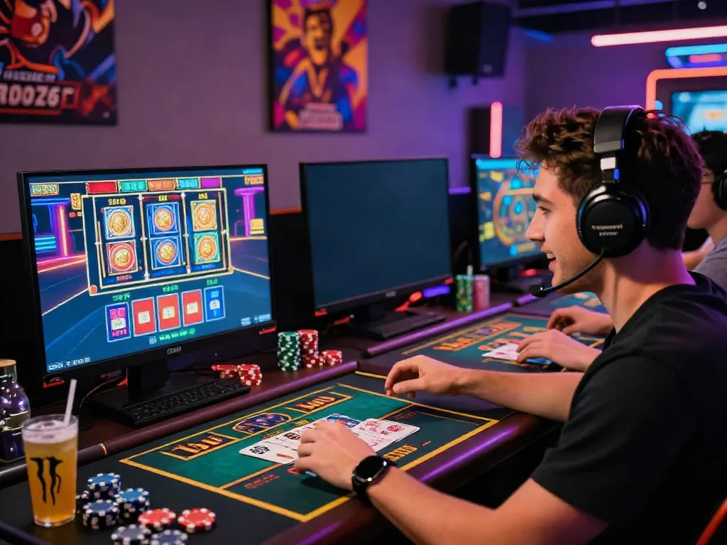 Exciting ku88 online gaming scene with a player enjoying live casino action and vibrant slot graphics.