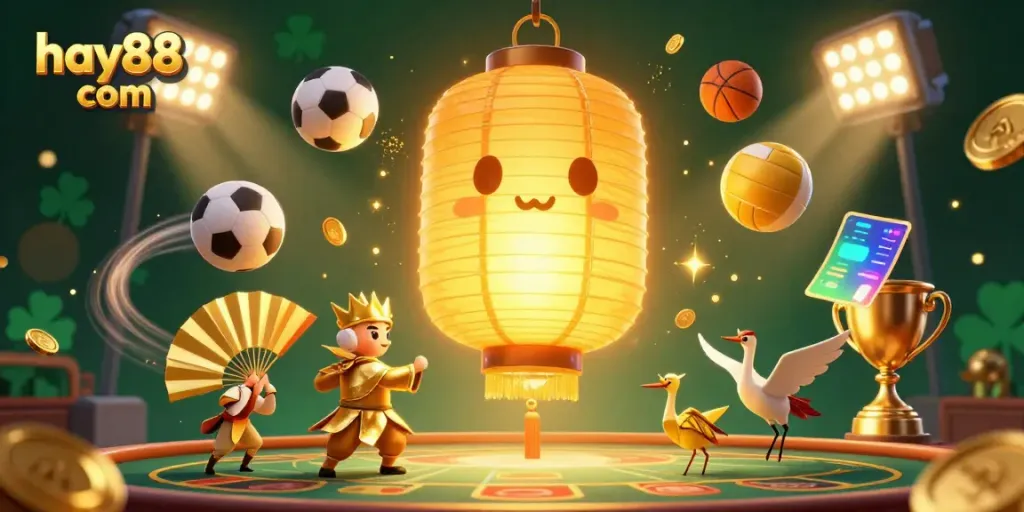 Experience the vibrant casino scene with hay88 com, featuring a golden lantern spirit and dynamic sports betting elements.