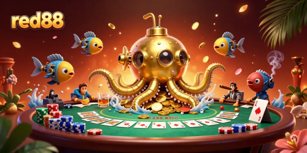 Engage with the exciting world of red88 as golden kraken submarine surfaces in a dynamic poker scene.