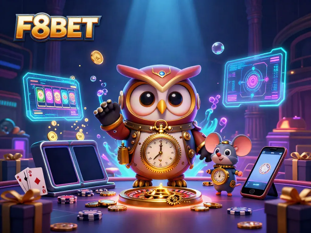 Engage with F8BET through a vibrant game scene featuring a 3D cartoon owl, casino elements, and dynamic visuals.