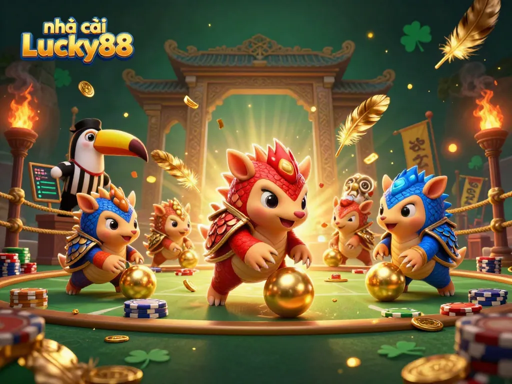 Experience thrilling gaming action at nhà cái Lucky88 with vibrant pangolin characters in an exciting casino scene.