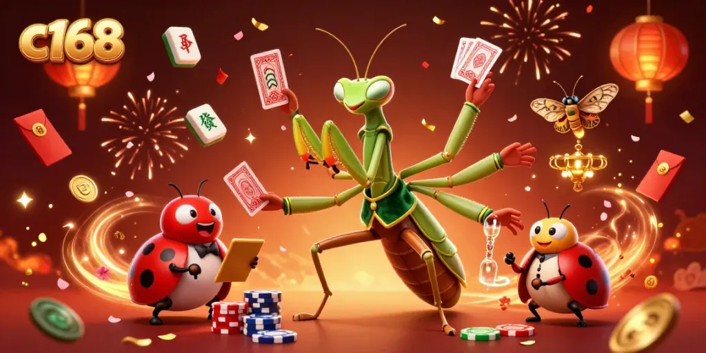 C168 engages players with vibrant 3D casino illustration showcasing dynamic card dealing and celebratory elements.