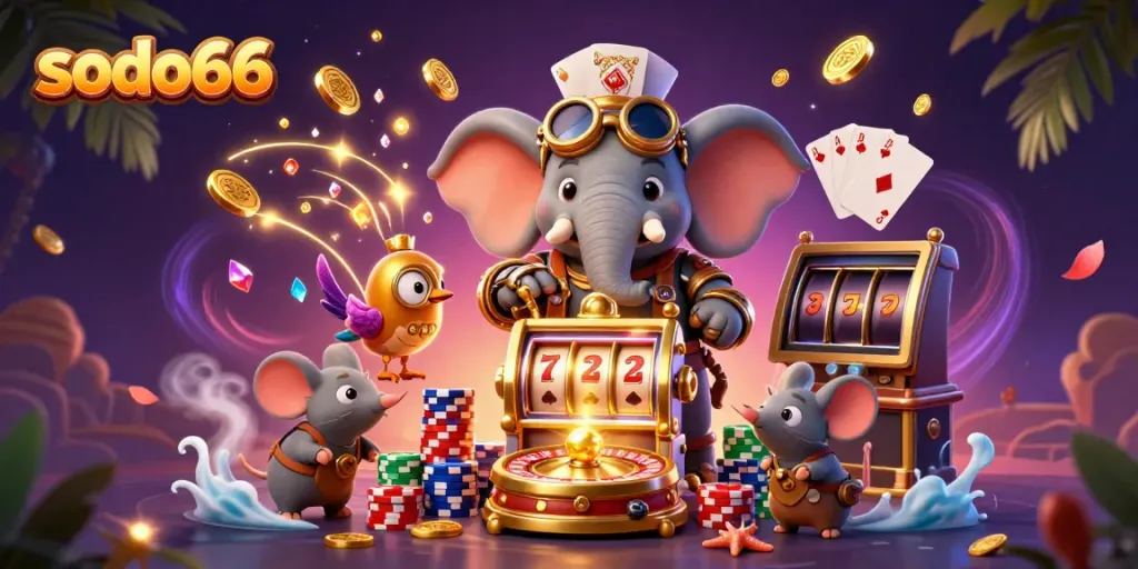 Win big with sodo66 in this vibrant 3D casino scene featuring a steampunk elephant and slot machines.