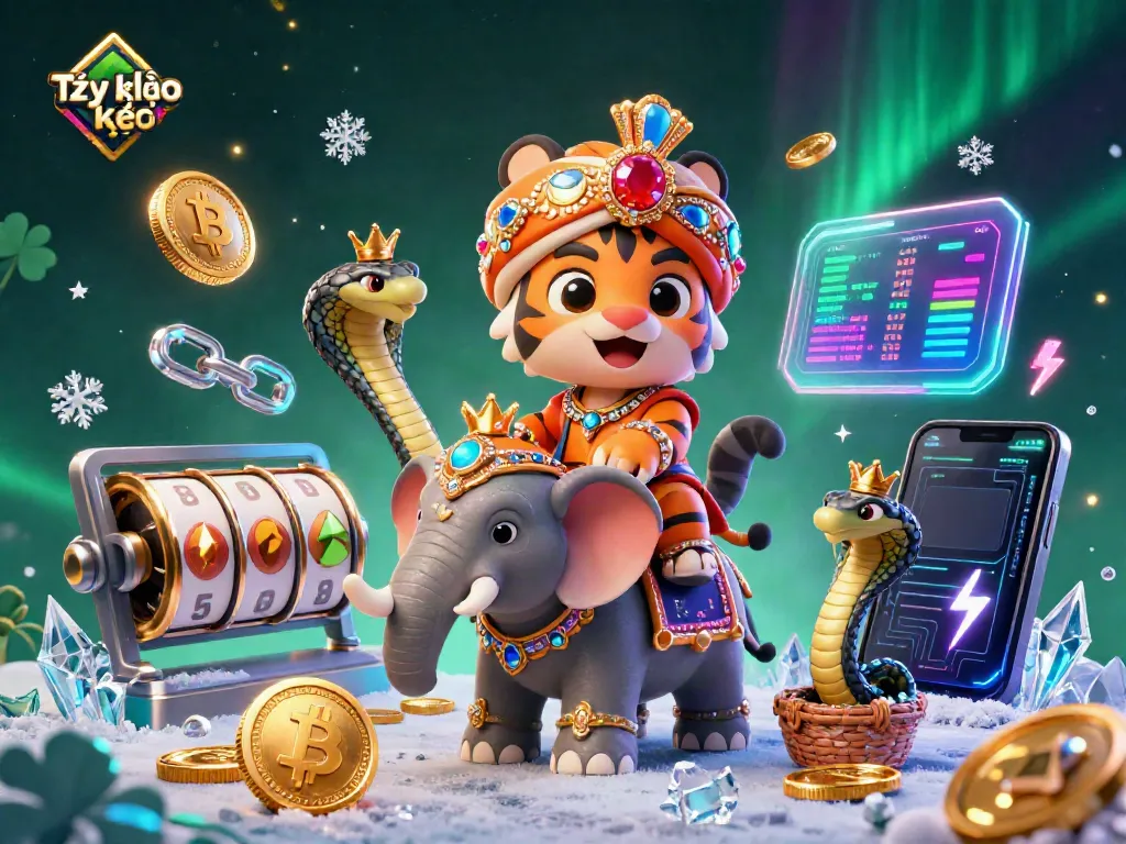 A vibrant illustration capturing the essence of Tỷ lệ kèo with a cartoon maharaja tiger, elephant, crypto coins, and gambling elements.
