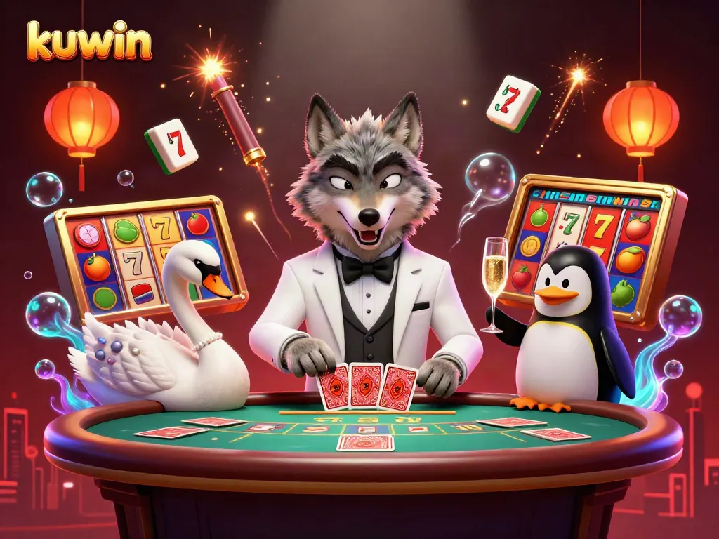 Experience the excitement of kuwin as a sleek wolf engages at a baccarat table with a swan dealer and a penguin sommelier.