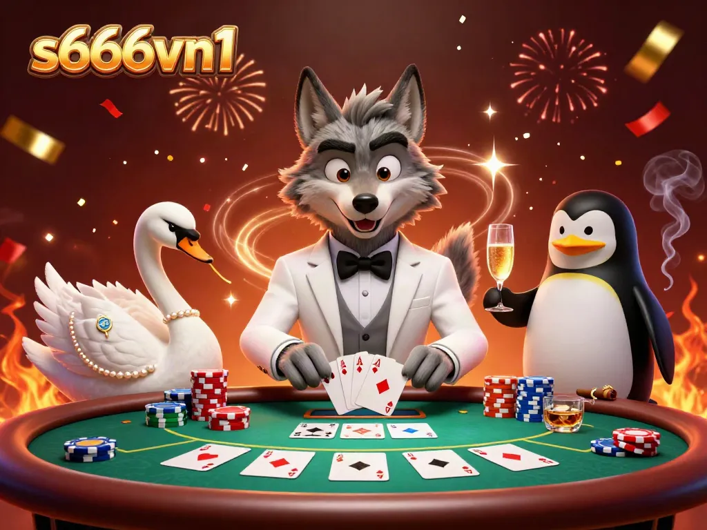 Experience the excitement at S666vn1 with a sophisticated betting scene featuring a cartoon wolf, swan, and penguin.
