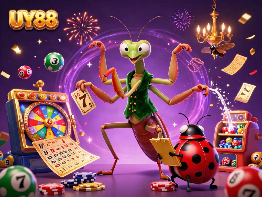Enjoy an exhilarating UY88 casino scene with vibrant characters, captivating game elements, and festive decorations.