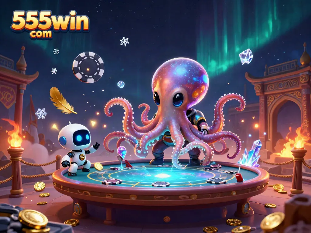 Engage in exciting action with 555win com in a vibrant 3D alien poker scene featuring an octopus dealer.