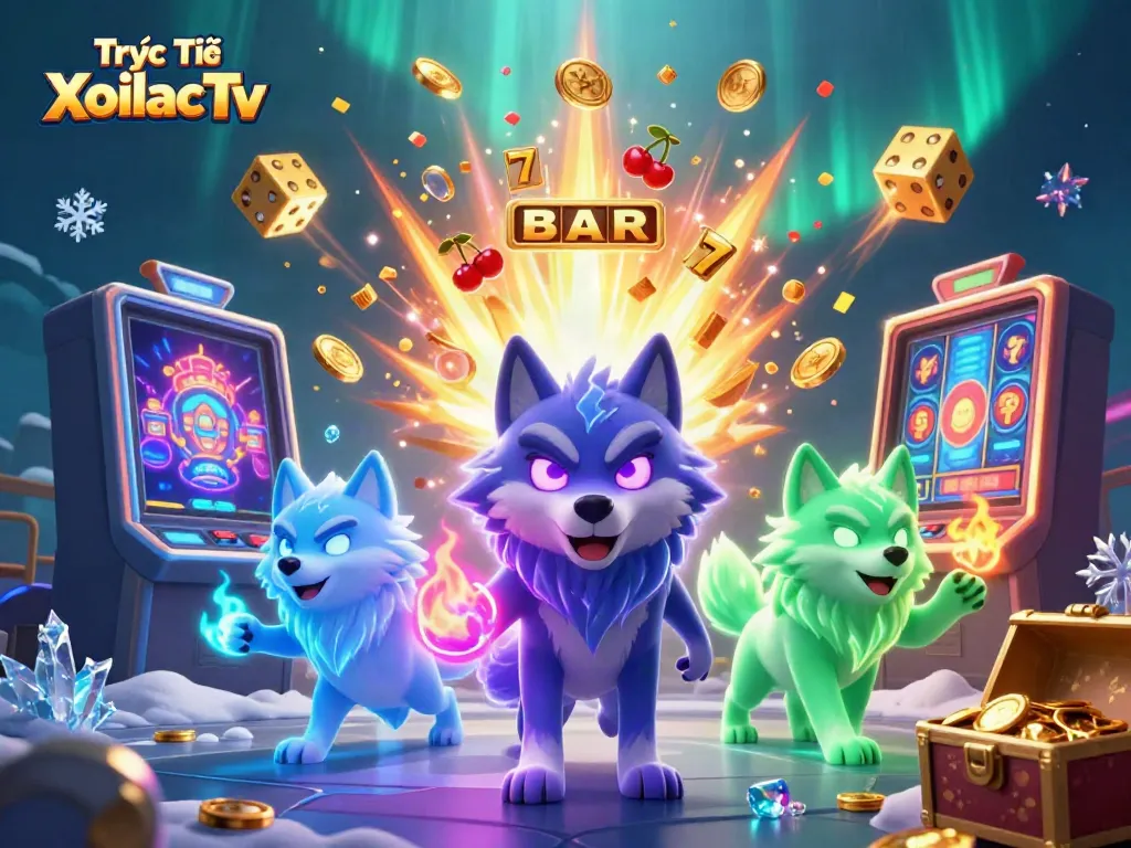 Experience Trực Tiếp XoilacTv with an energetic scene of cartoon wolves and casino gaming elements.