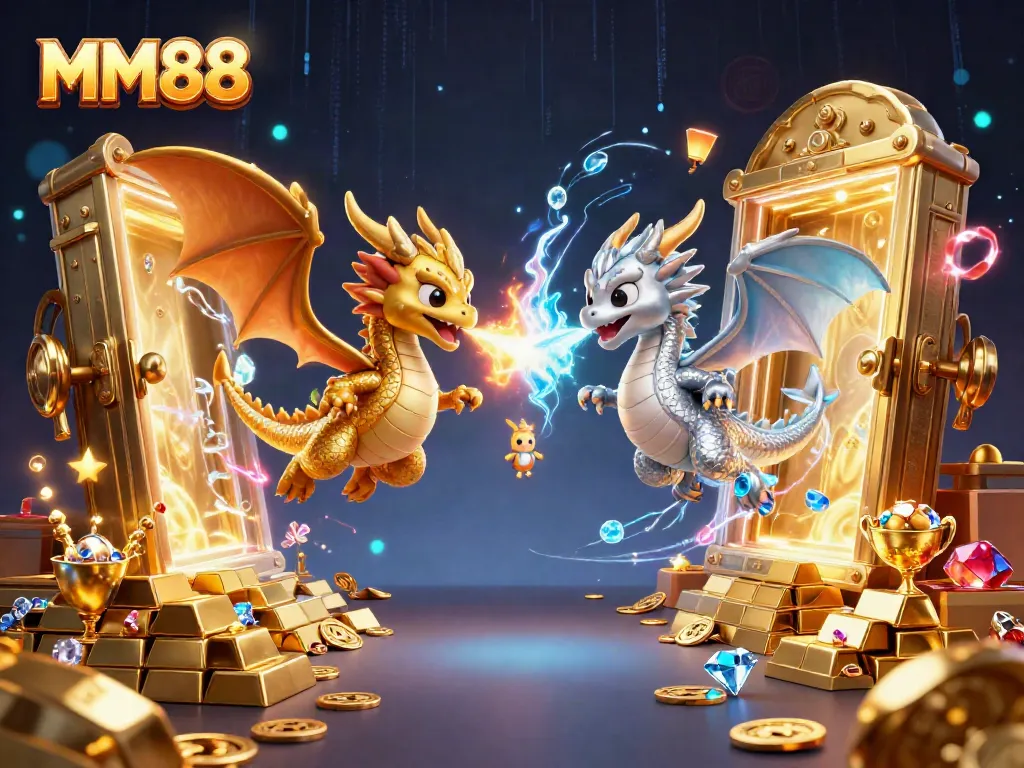 Interact with the stunning MM88 scene featuring a gold and silver dragon amidst vibrant casino treasures and magical effects.