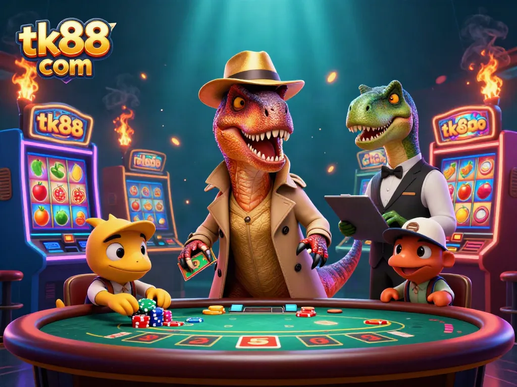 Experience thrilling gameplay at tk88 com with a velociraptor card counter amidst vibrant casino action.