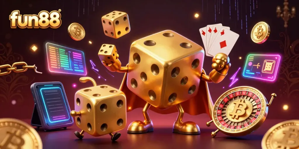Engaging fun88 illustration showing a dice golem and cryptocurrency elements in an energetic casino scene.