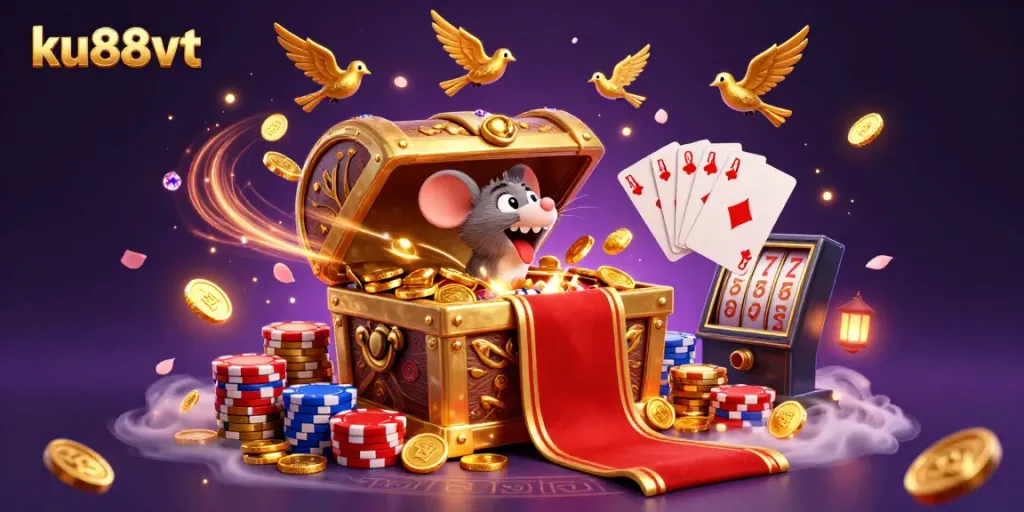 Engage in thrilling gameplay at ku88vt with a treasure chest luring adventurers amidst a cascade of coins and gems.