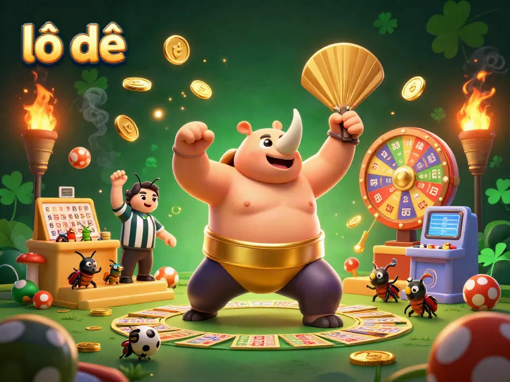 Experience thrilling lô đề action with a cartoon rhinoceros beetle champion amidst a vibrant lottery scene.