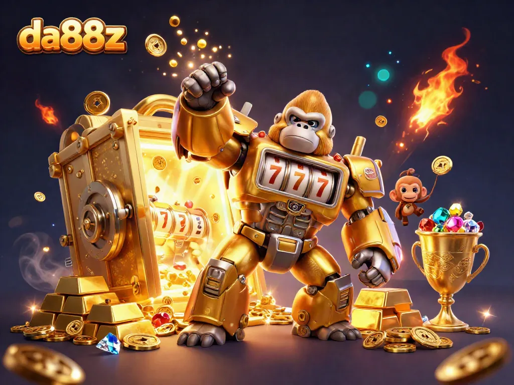 Engage in thrilling slot action with da88z featuring an impressive golden gorilla mech and vibrant treasure.