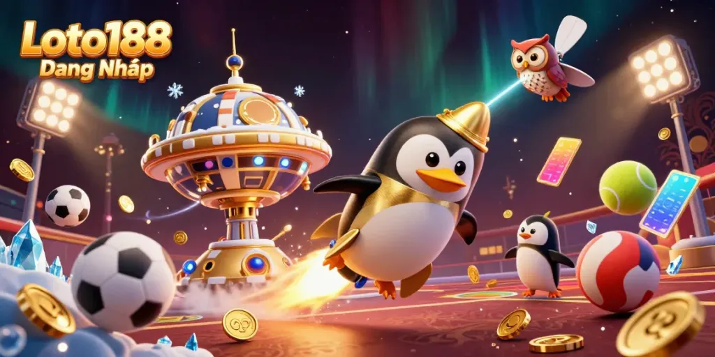 Loto188 Đăng Nhập with a rocket-powered golden penguin exploring a vibrant casino space scene filled with gold coins and sports elements.