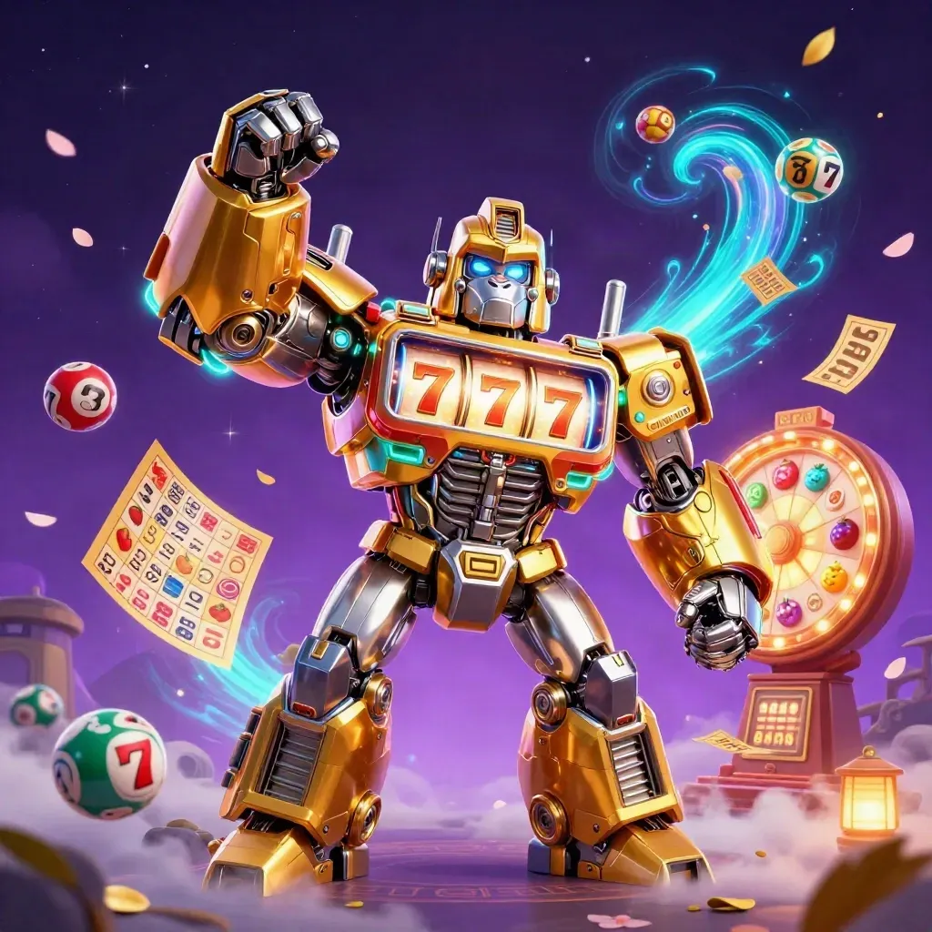 Golden gorilla mech and tiny monkey pilot explode through neon slot loot in a dark purple cosmos.